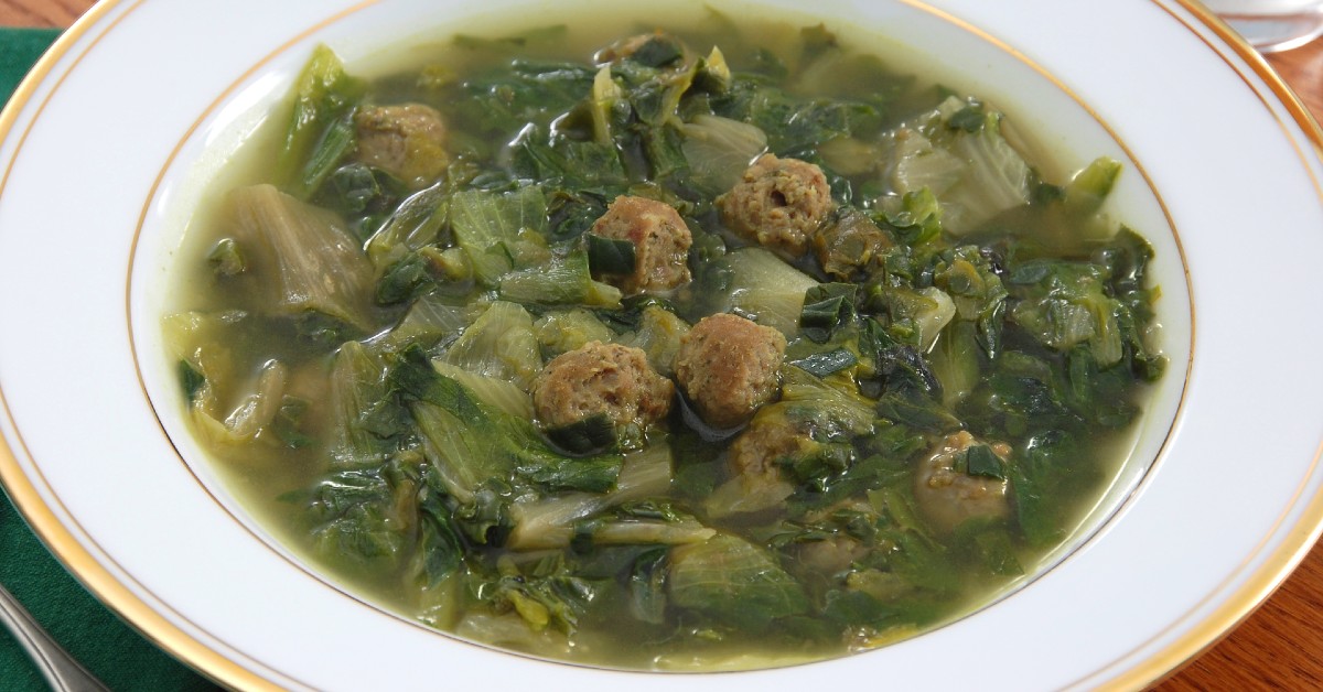 A bowl of Italian wedding soup.